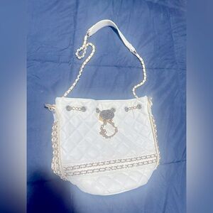 White & Gold Quilted Bucket Handbag